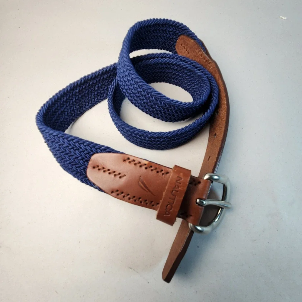 Nautica Mens 38 Braided Web Belt Navy Blue Brown Leather Trim Golf Preppy Resort